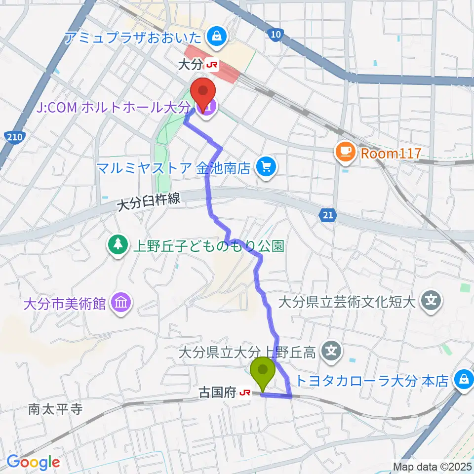 古国府駅からJ:COM ホルトホール大分へのルートマップ地図