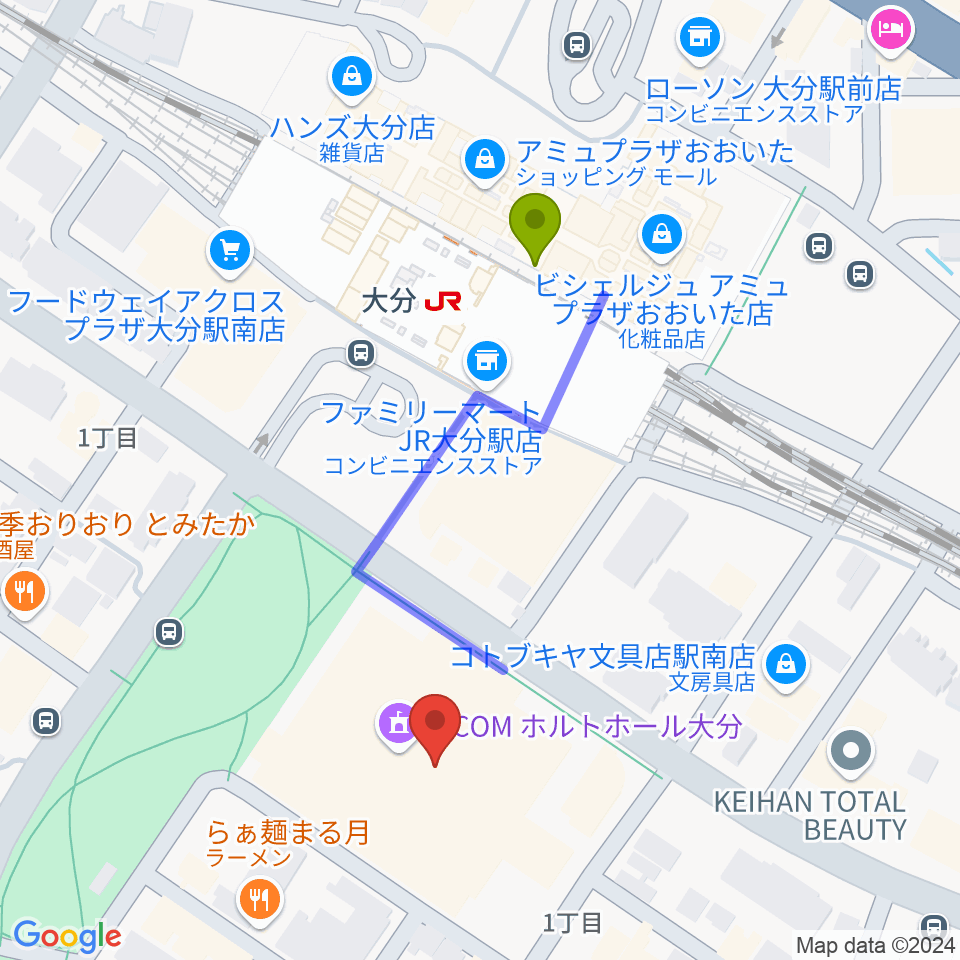 ホルトホール大分 スタジオA/B/Cの最寄駅大分駅からの徒歩ルート（約4分） - MDATA