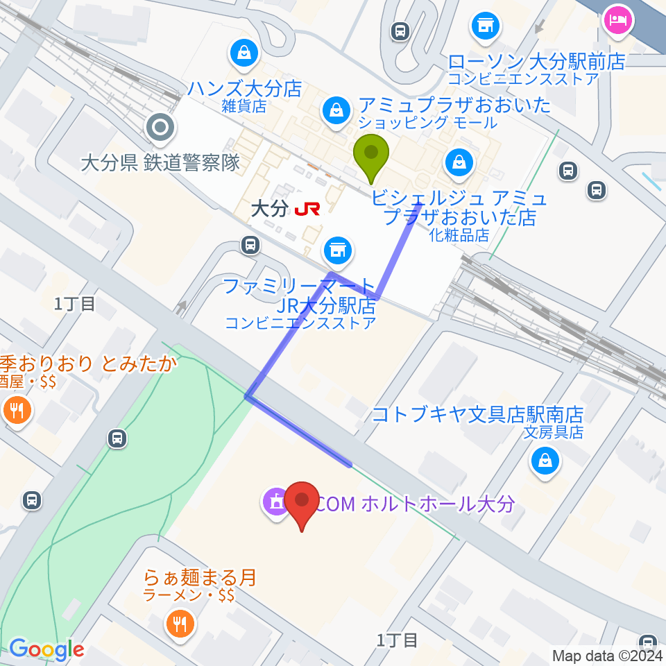 ホルトホール大分 スタジオA/B/Cの最寄駅大分駅からの徒歩ルート（約4分）地図