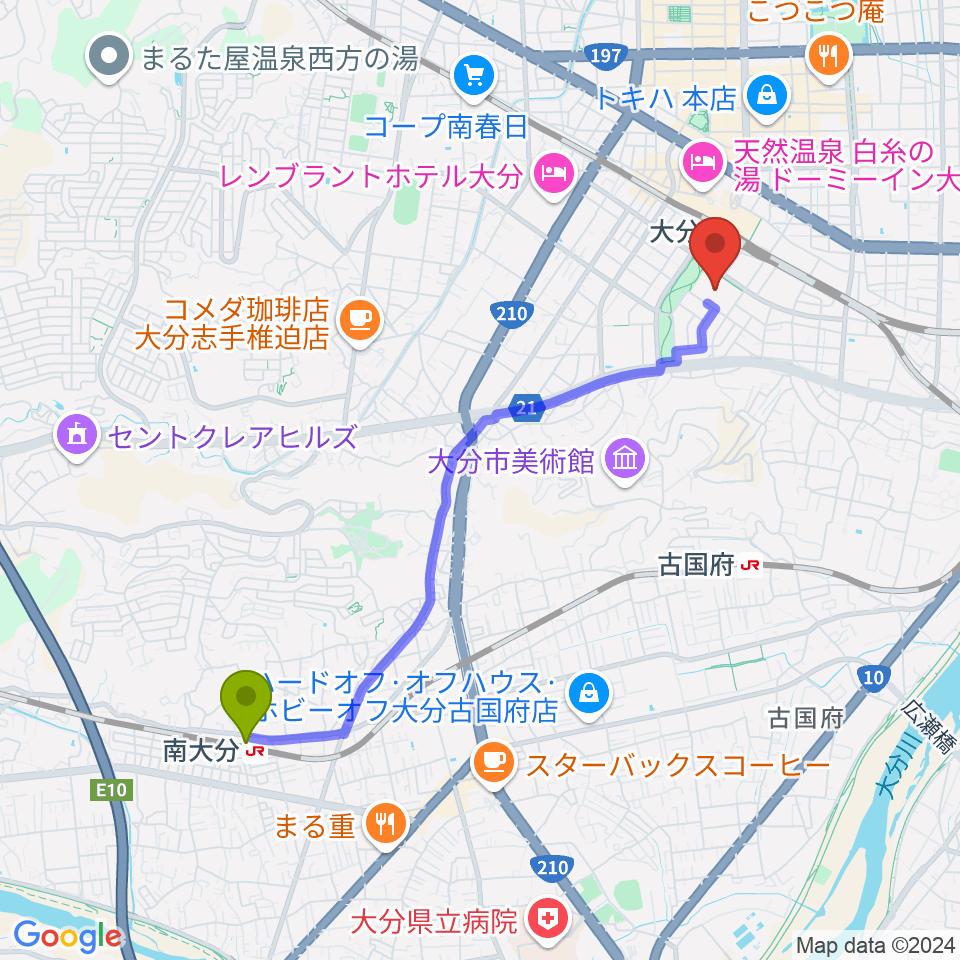 南大分駅からホルトホール大分 スタジオA/B/Cへのルートマップ地図