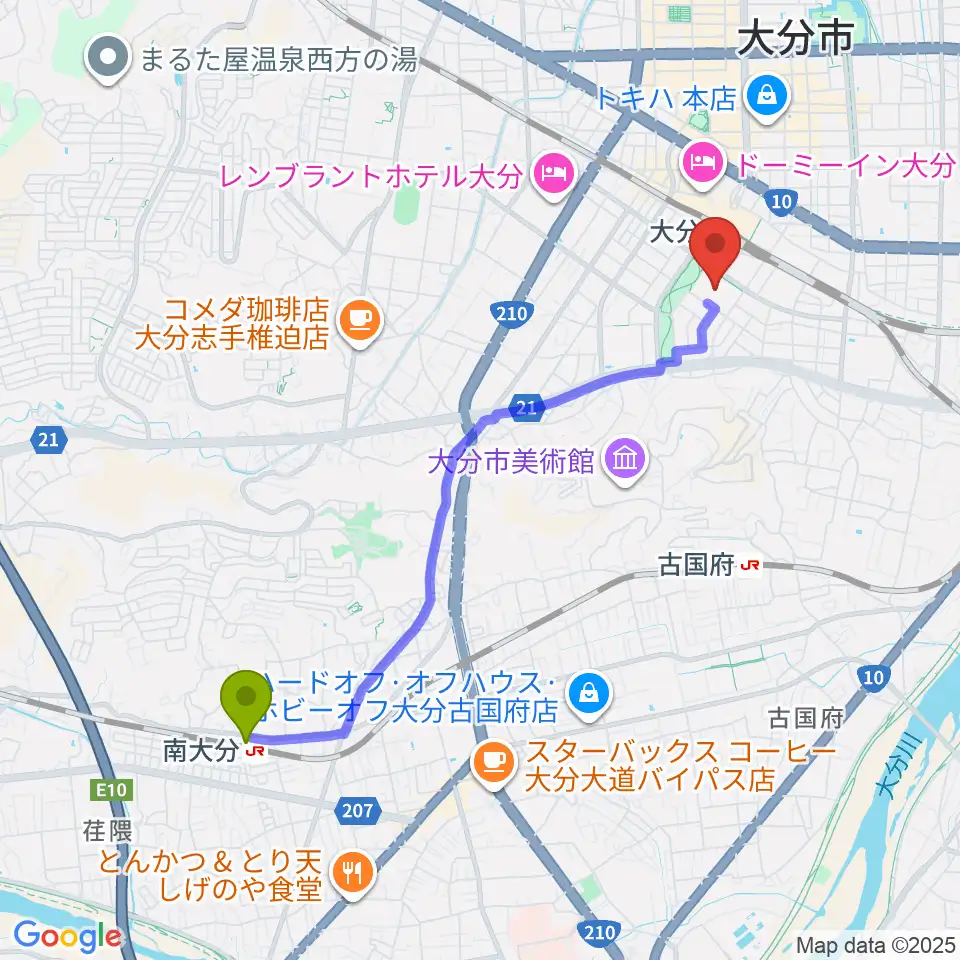 南大分駅からホルトホール大分 スタジオA/B/Cへのルートマップ地図