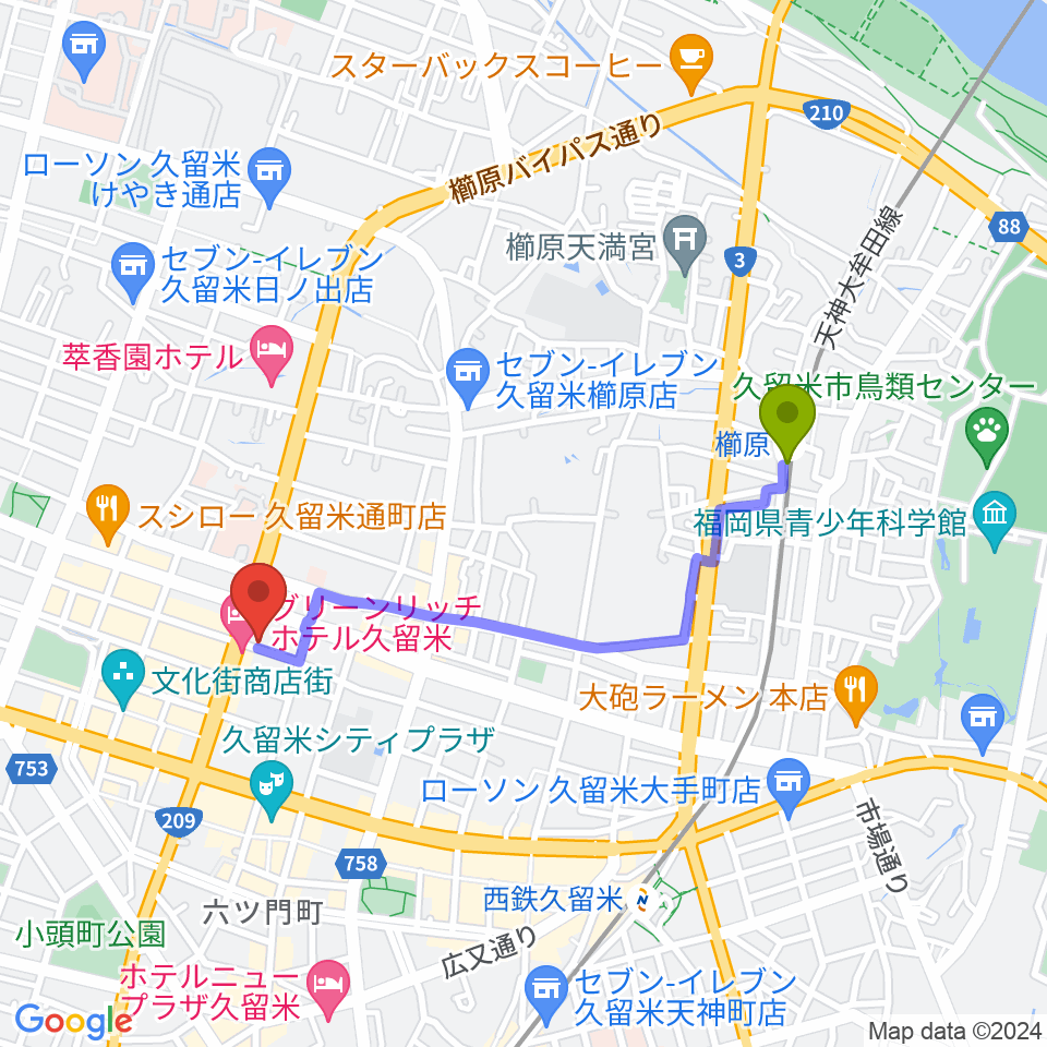 櫛原駅から久留米ライズアップへのルートマップ地図