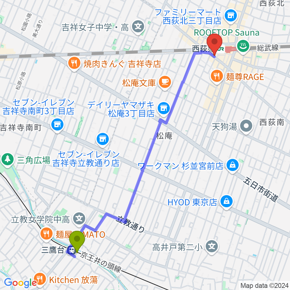 三鷹台駅から西荻窪アートリオンへのルートマップ地図