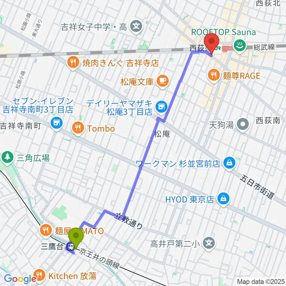 三鷹台駅から西荻窪アートリオンへのルートマップ地図