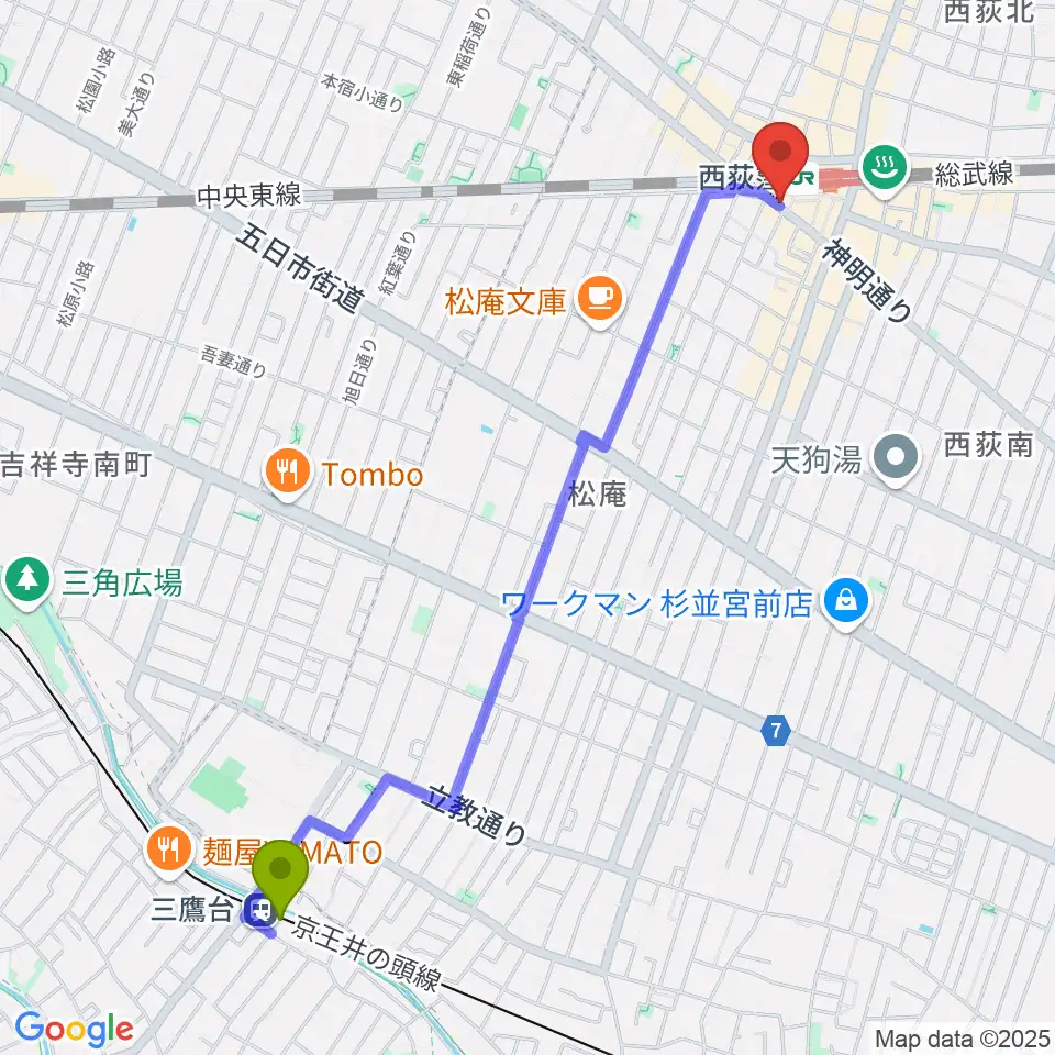 三鷹台駅から西荻窪アートリオンへのルートマップ地図