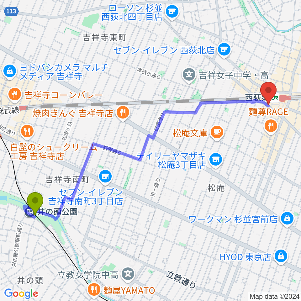 井の頭公園駅から西荻窪アートリオンへのルートマップ地図