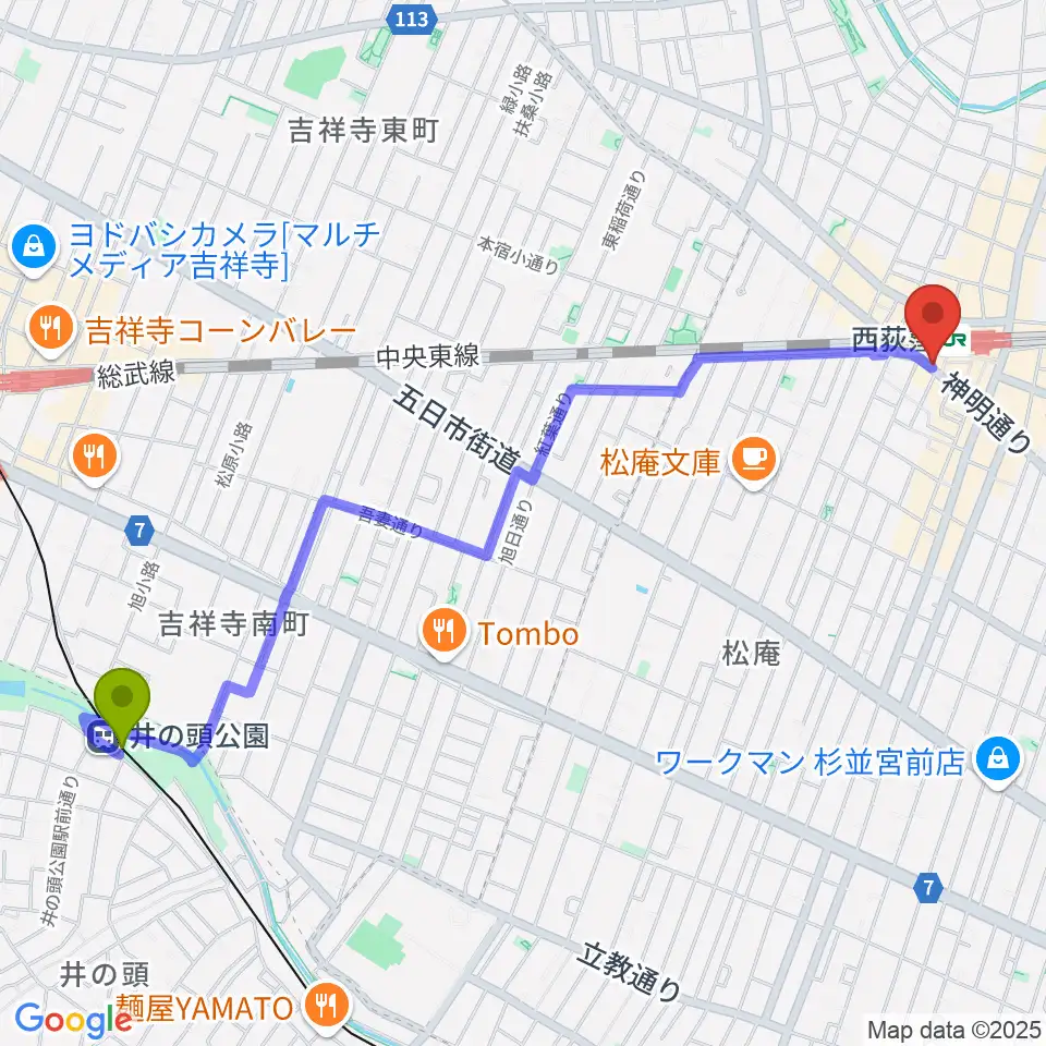 井の頭公園駅から西荻窪アートリオンへのルートマップ地図