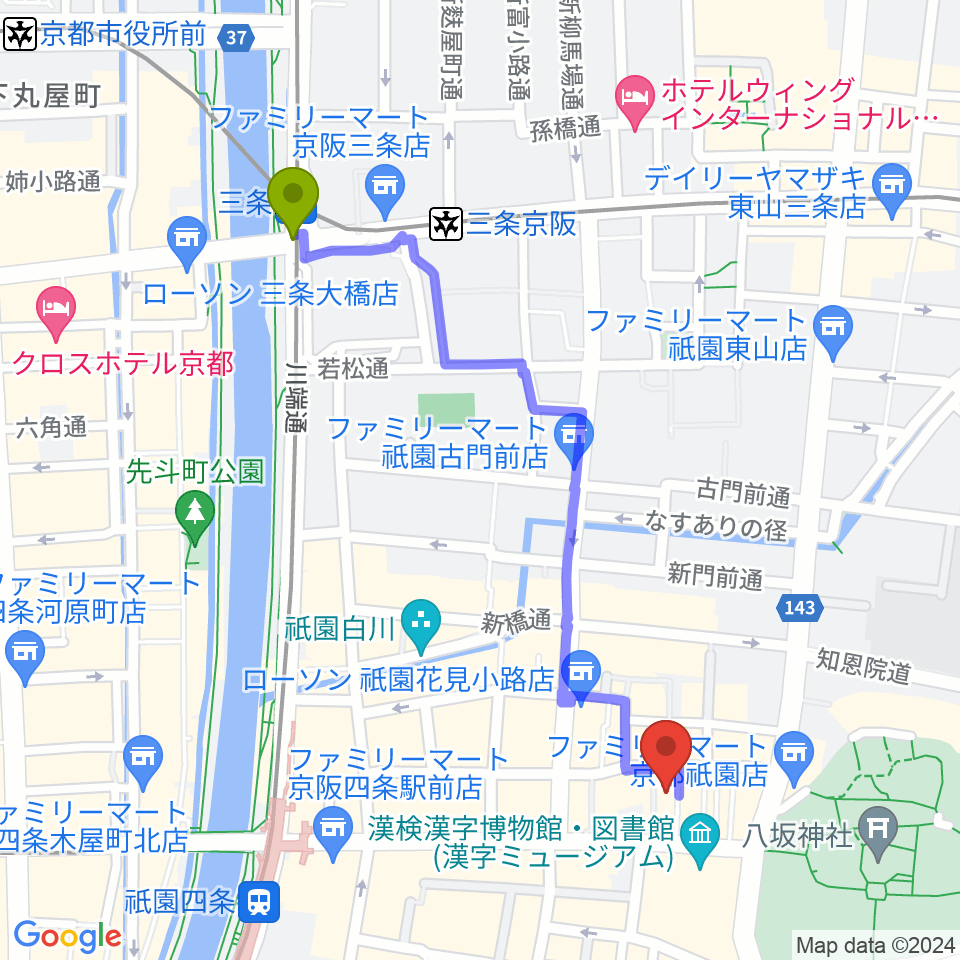 三条駅からジョニーエンジェル京都店へのルートマップ地図