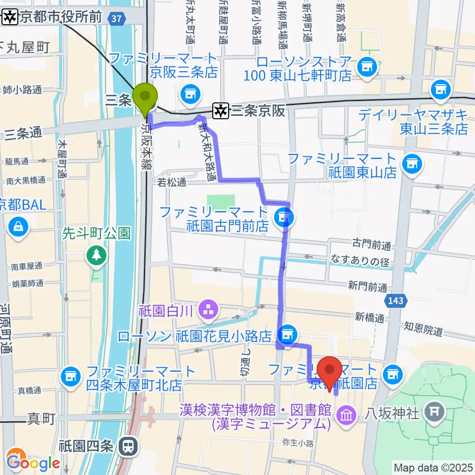 三条駅からジョニーエンジェル京都店へのルートマップ地図