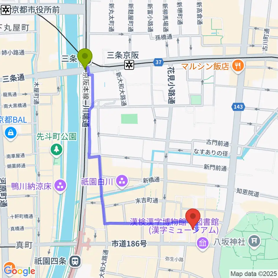三条駅からジョニーエンジェル京都店へのルートマップ地図