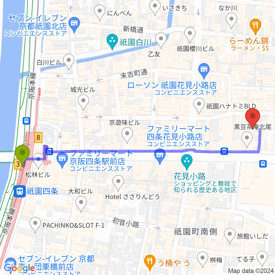 ジョニーエンジェル京都店の最寄駅祇園四条駅からの徒歩ルート（約7分）地図