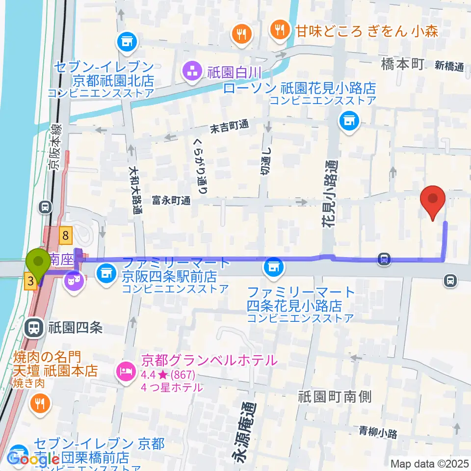 ジョニーエンジェル京都店の最寄駅祇園四条駅からの徒歩ルート（約7分）地図