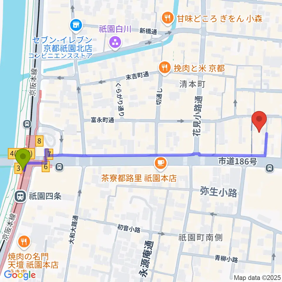 ジョニーエンジェル京都店の最寄駅祇園四条駅からの徒歩ルート（約7分）地図