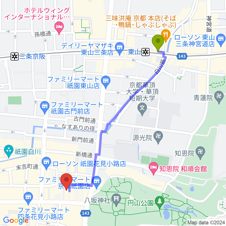 東山駅からジョニーエンジェル京都店へのルートマップ地図