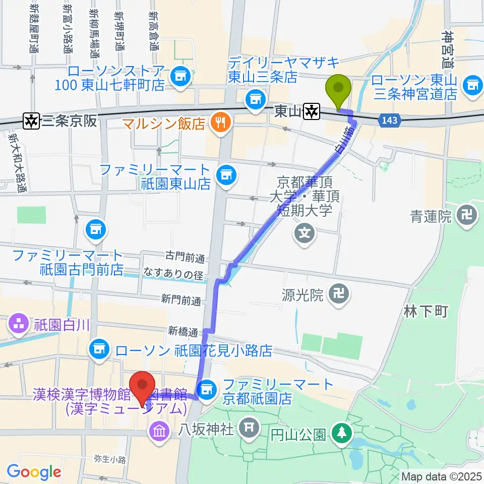 東山駅からジョニーエンジェル京都店へのルートマップ地図