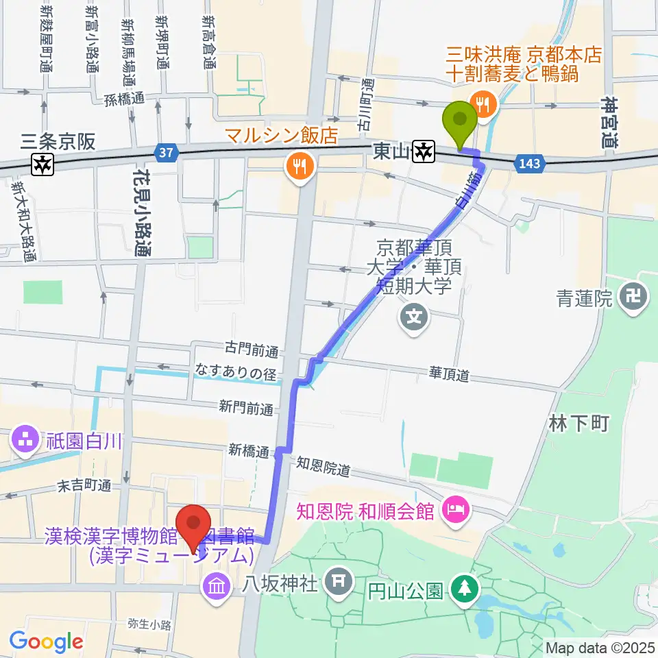東山駅からジョニーエンジェル京都店へのルートマップ地図