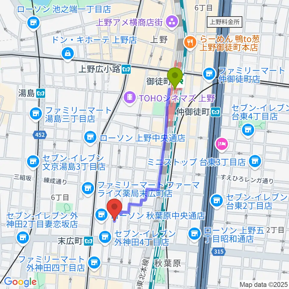 御徒町駅からカフェ・トリオンプへのルートマップ地図