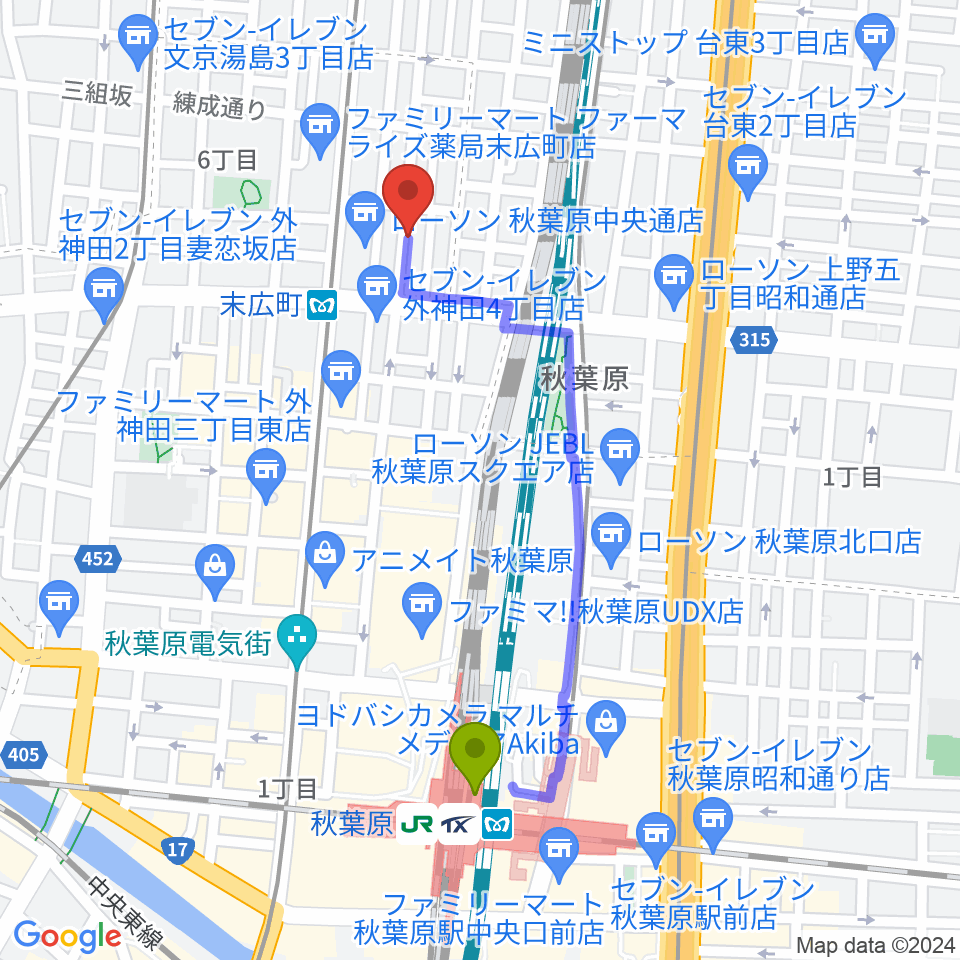 秋葉原駅からカフェ・トリオンプへのルートマップ地図