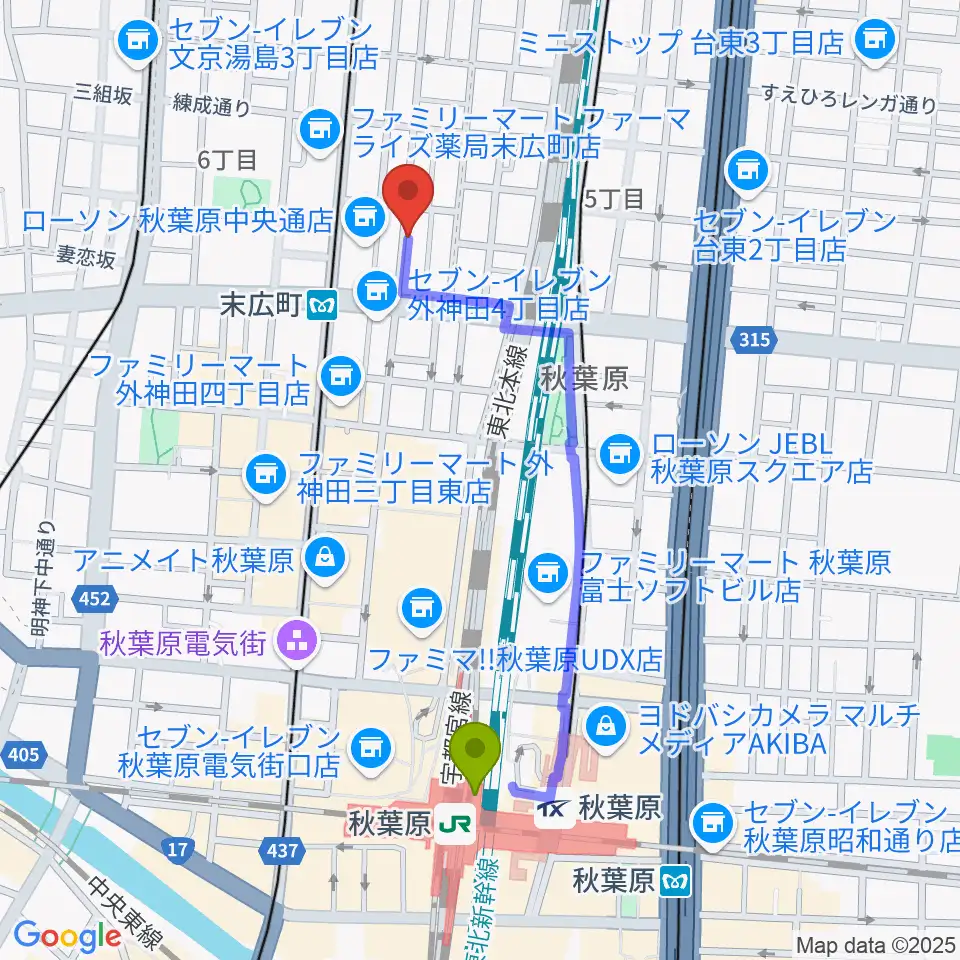秋葉原駅からカフェ・トリオンプへのルートマップ地図