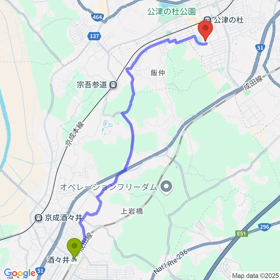 酒々井駅から公津の杜コミュニティセンター もりんぴあこうづへのルートマップ地図