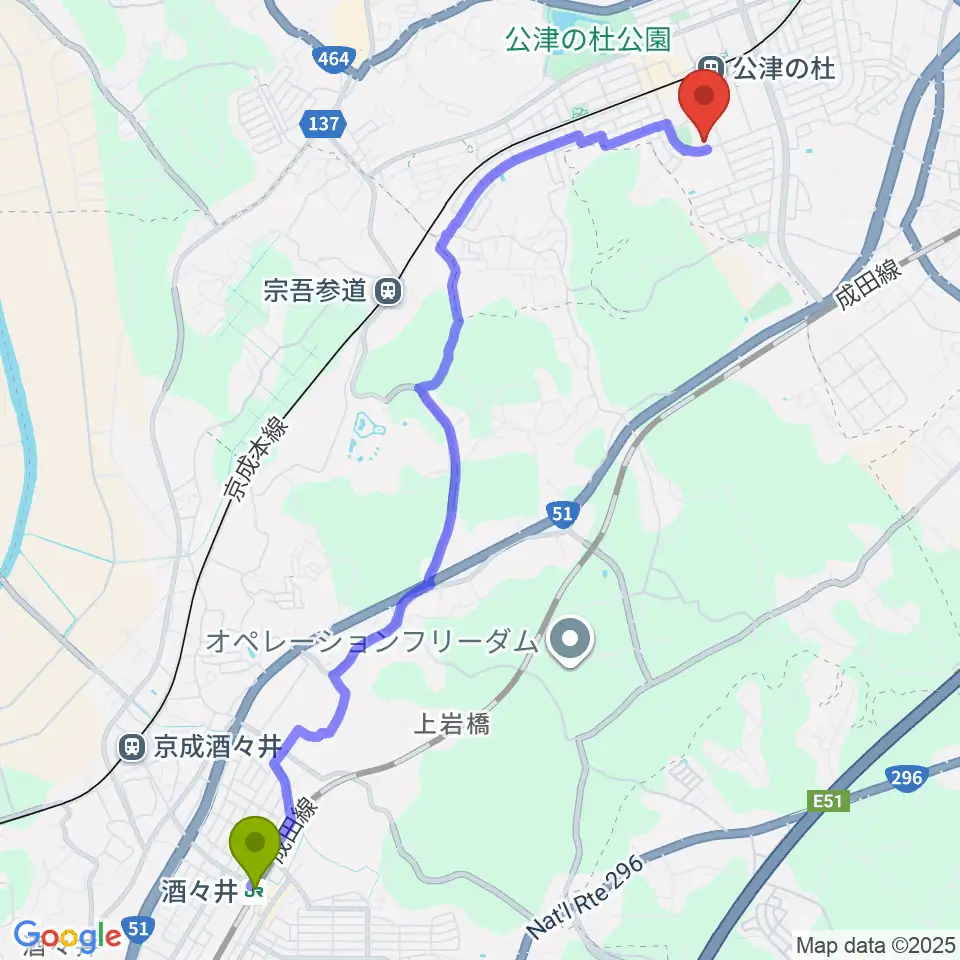 酒々井駅から公津の杜コミュニティセンター もりんぴあこうづへのルートマップ地図