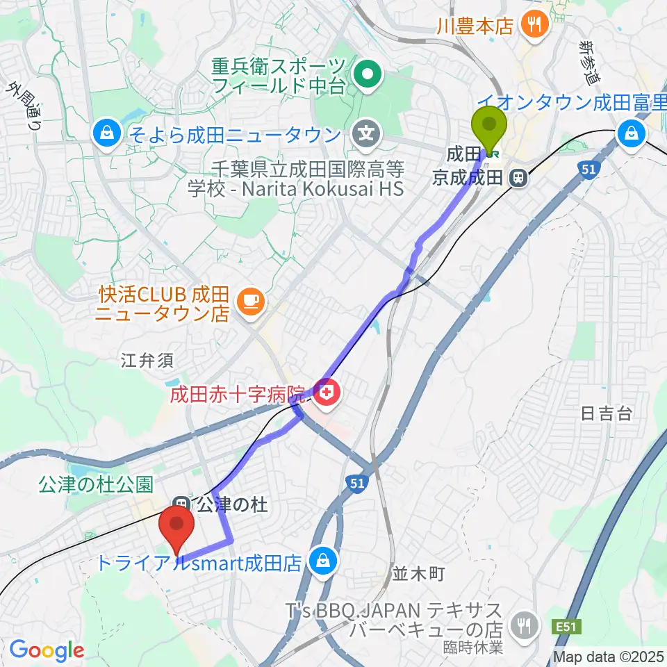 成田駅から公津の杜コミュニティセンター もりんぴあこうづへのルートマップ地図