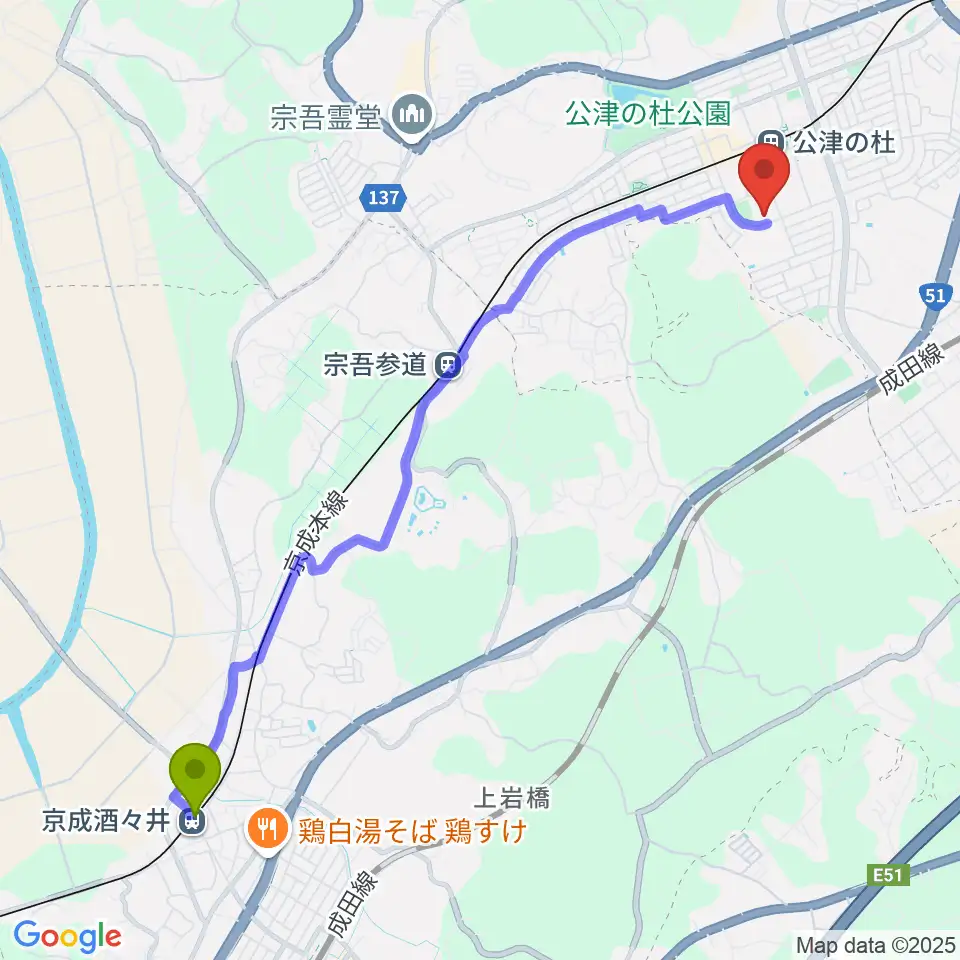 京成酒々井駅から公津の杜コミュニティセンター もりんぴあこうづへのルートマップ地図