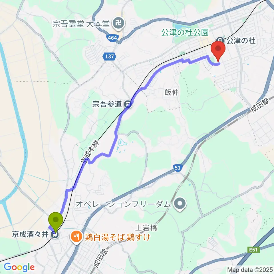 京成酒々井駅から公津の杜コミュニティセンター もりんぴあこうづへのルートマップ地図