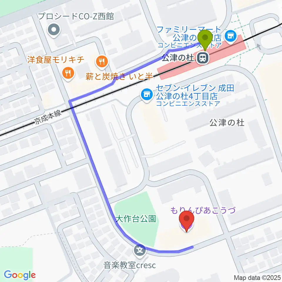 公津の杜コミュニティセンター もりんぴあこうづの最寄駅公津の杜駅からの徒歩ルート（約5分）地図