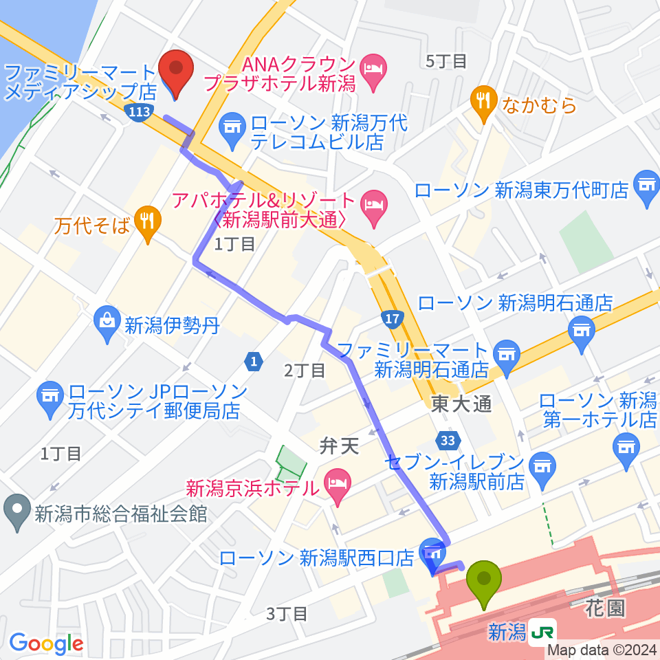 新潟日報メディアシップ 日報ホールの最寄駅新潟駅からの徒歩ルート（約14分）地図