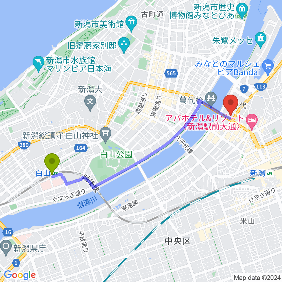 白山駅から新潟日報メディアシップ 日報ホールへのルートマップ地図