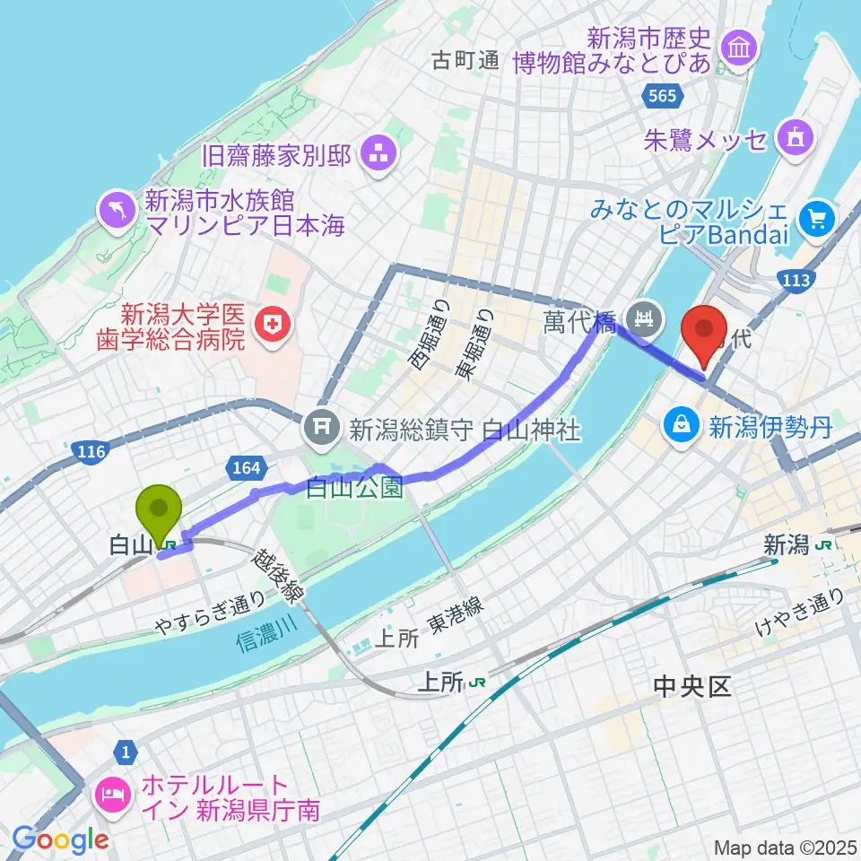 白山駅から新潟日報メディアシップ 日報ホールへのルートマップ地図