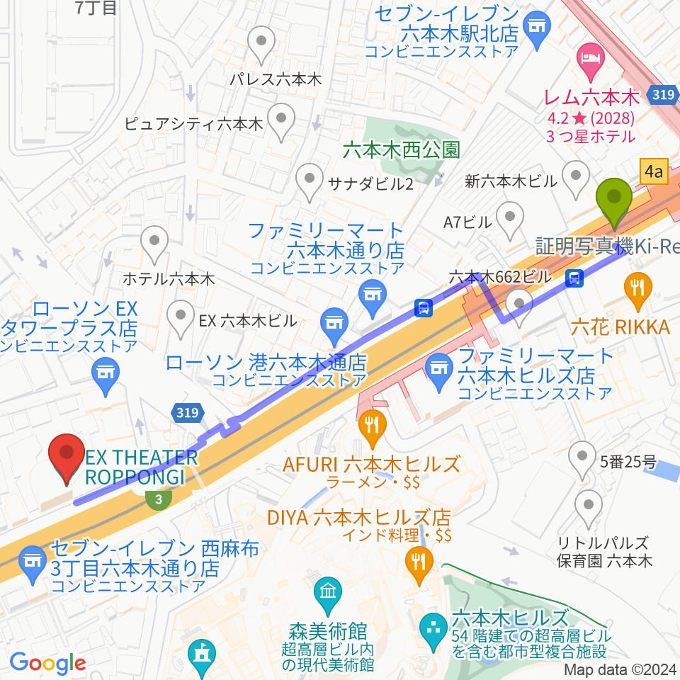 EXシアター六本木の最寄駅六本木駅からの徒歩ルート（約7分）地図