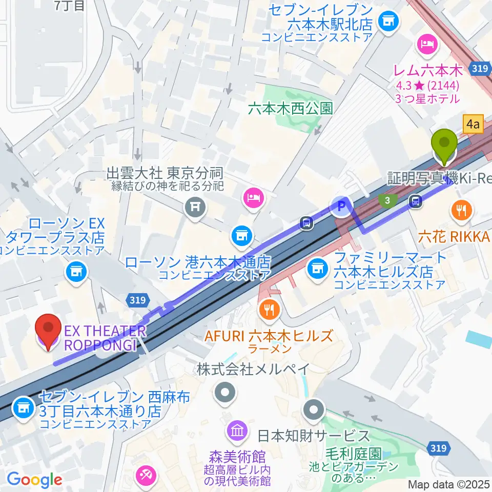 EXシアター六本木の最寄駅六本木駅からの徒歩ルート（約7分）地図