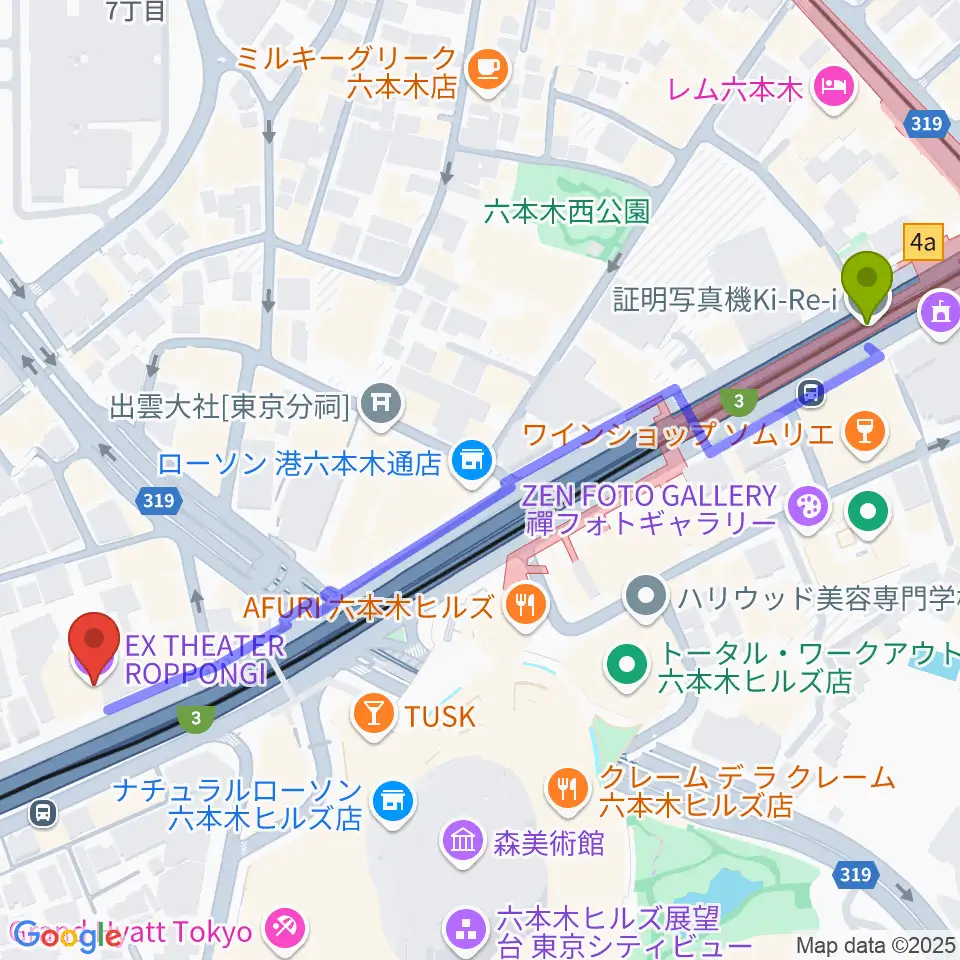 EXシアター六本木の最寄駅六本木駅からの徒歩ルート（約7分）地図
