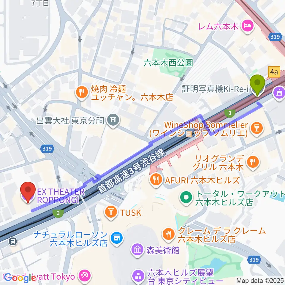 EXシアター六本木の最寄駅六本木駅からの徒歩ルート（約7分）地図