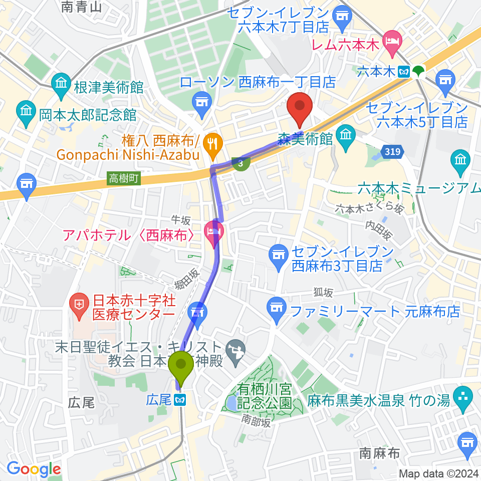 広尾駅からEXシアター六本木へのルートマップ地図