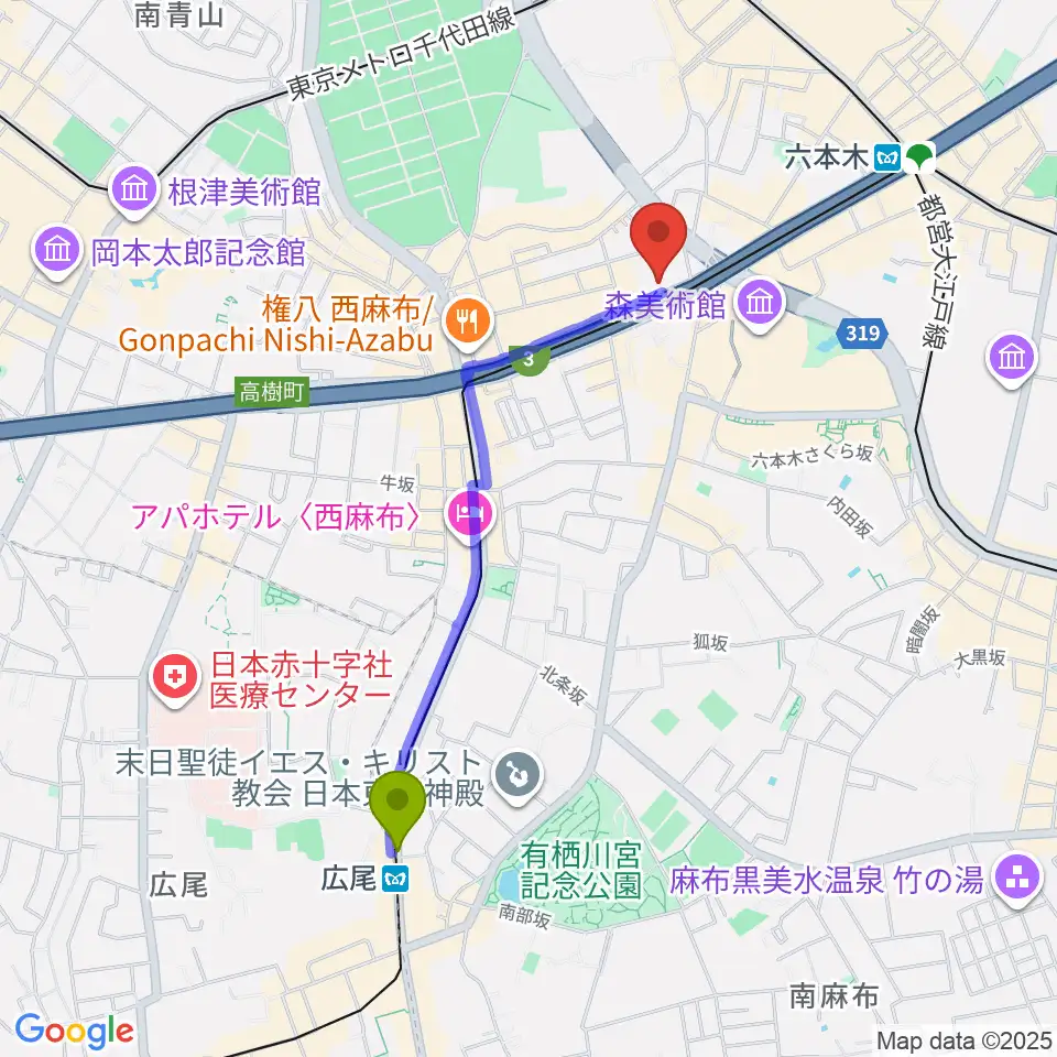 広尾駅からEXシアター六本木へのルートマップ地図