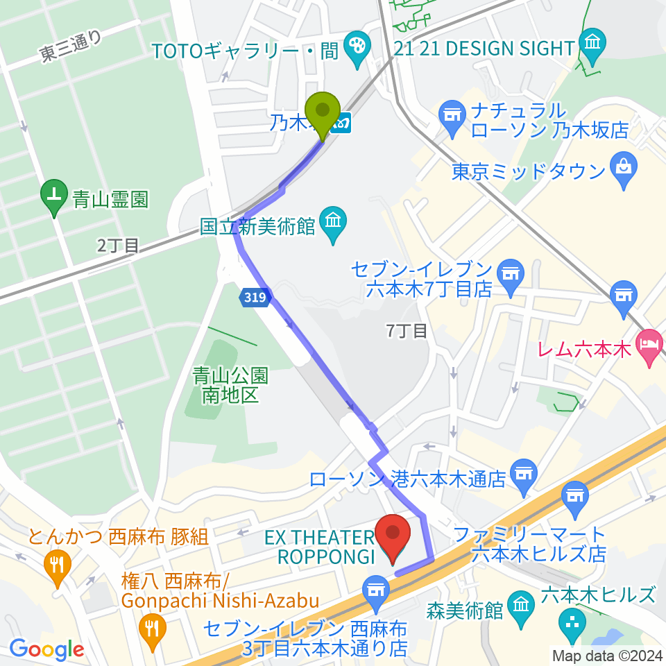 乃木坂駅からEXシアター六本木へのルートマップ地図