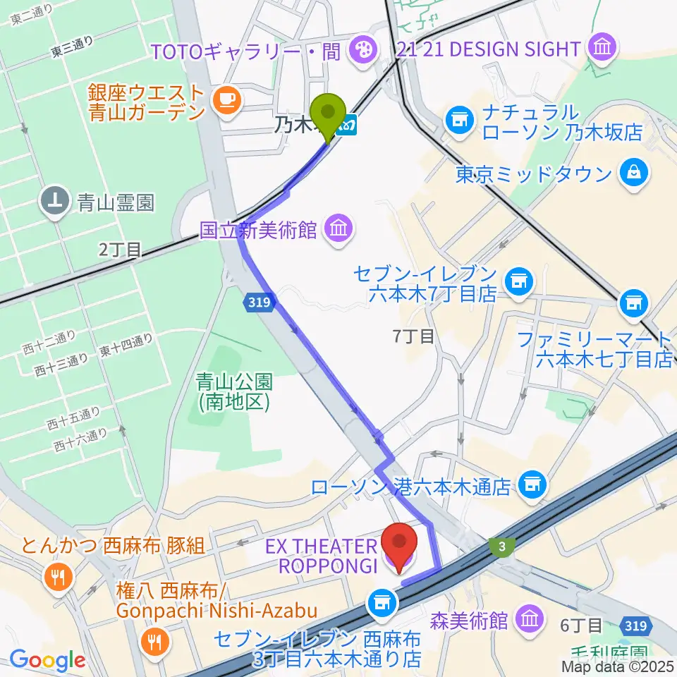 乃木坂駅からEXシアター六本木へのルートマップ地図