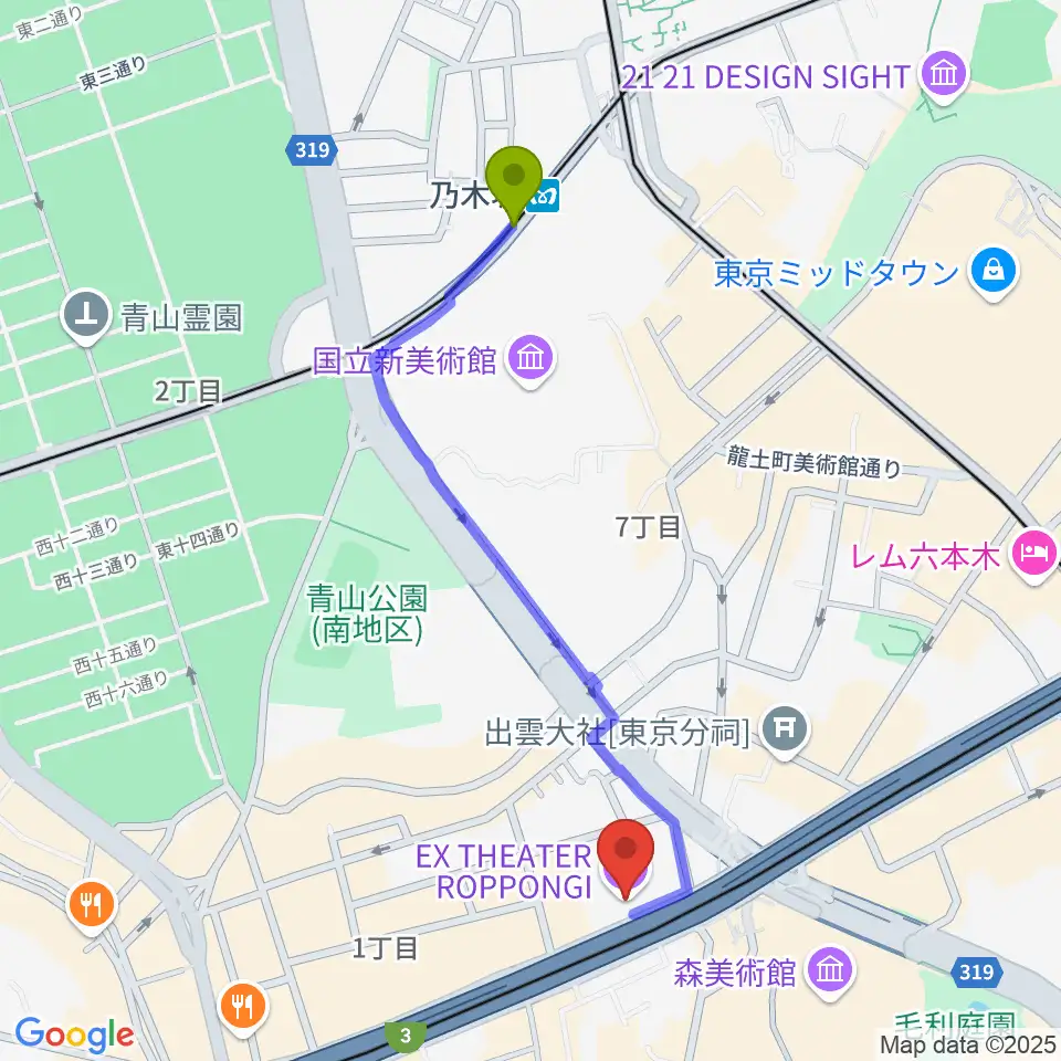 乃木坂駅からEXシアター六本木へのルートマップ地図