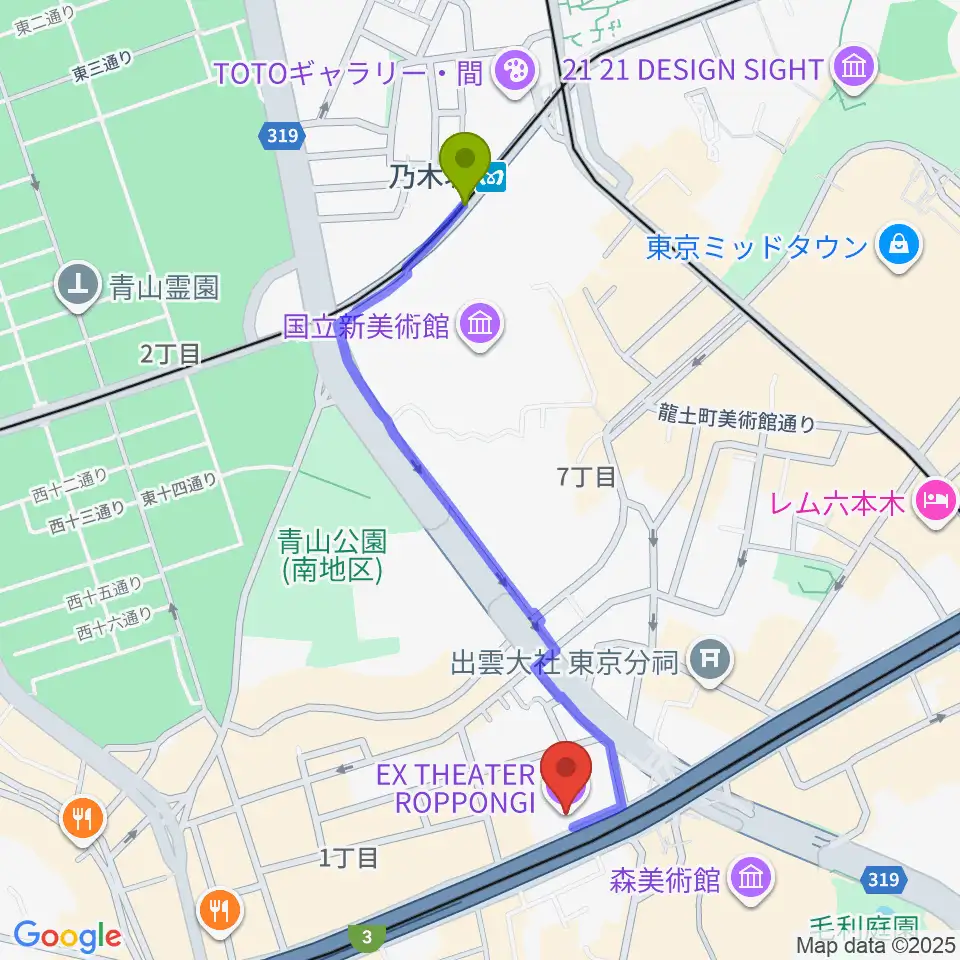 乃木坂駅からEXシアター六本木へのルートマップ地図