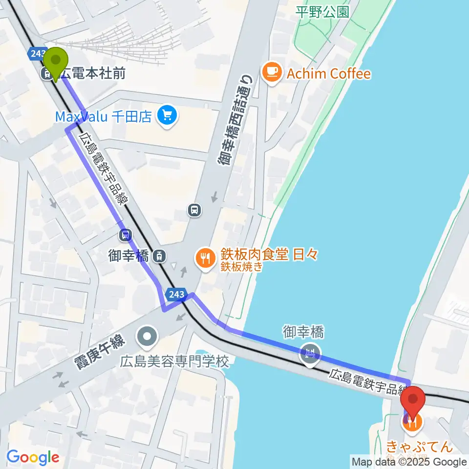広電本社前駅から広島BANQUETへのルートマップ地図