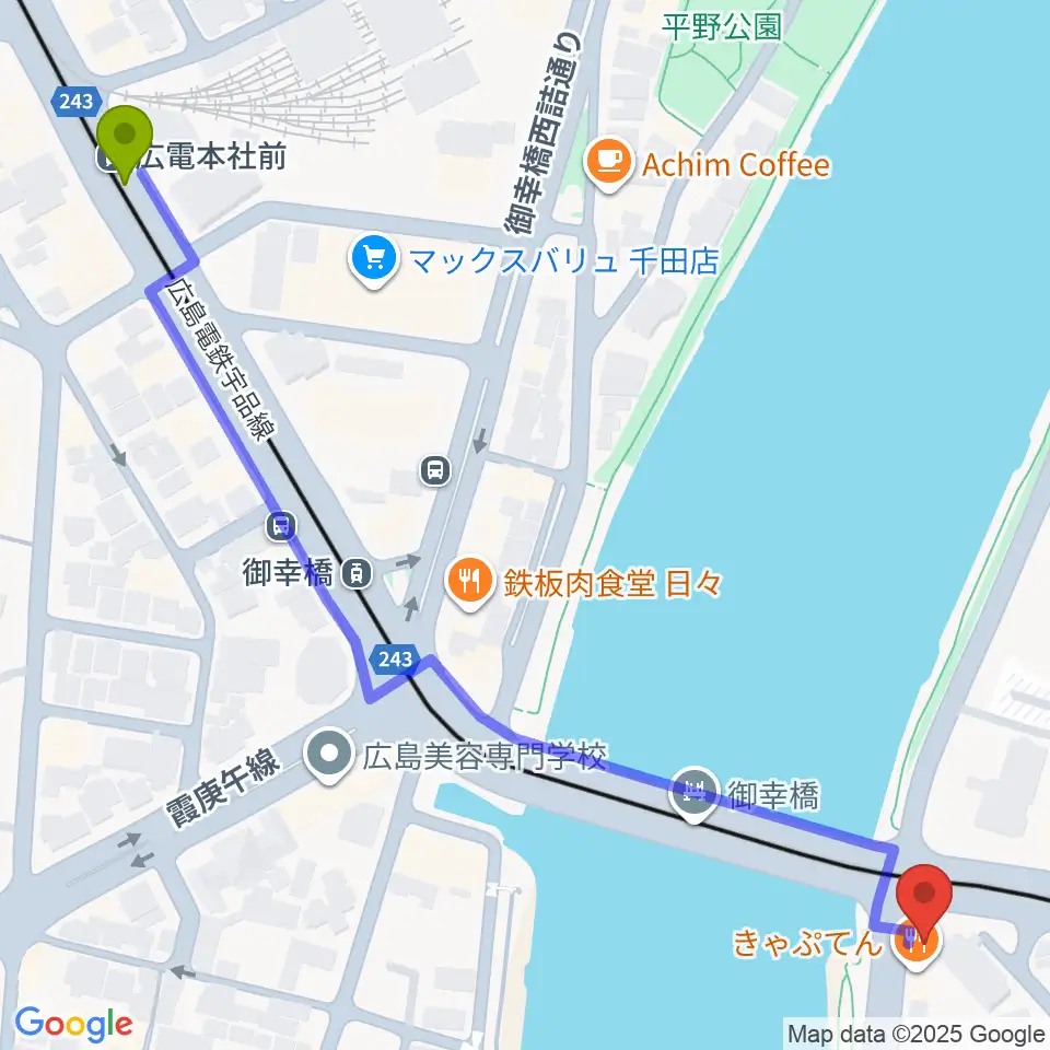 広電本社前駅から広島BANQUETへのルートマップ地図