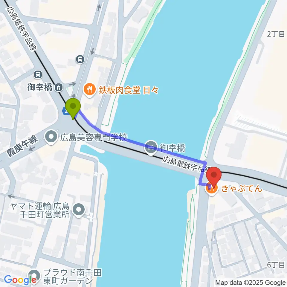 御幸橋駅から広島BANQUETへのルートマップ地図
