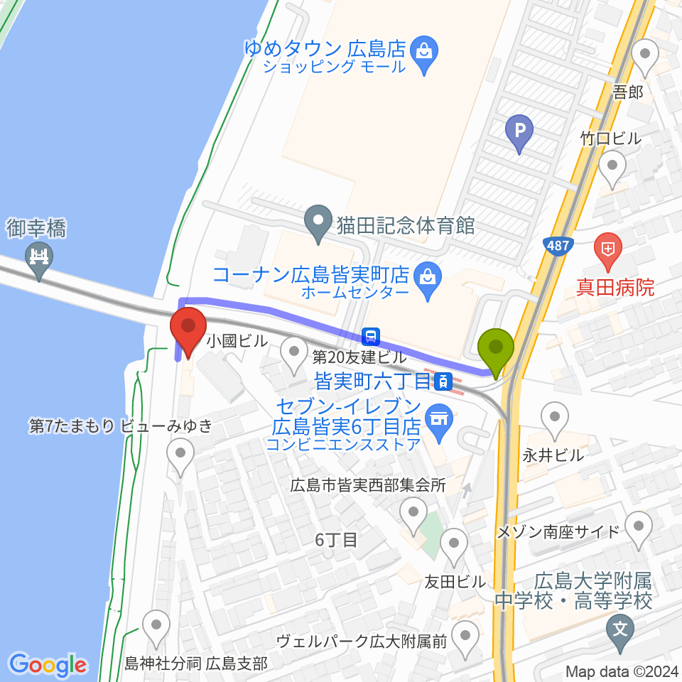 広島BANQUETの最寄駅皆実町六丁目駅からの徒歩ルート（約4分）地図