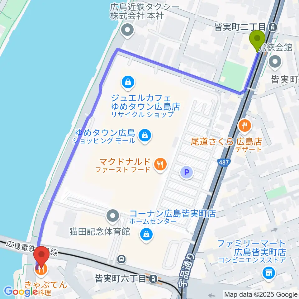 皆実町二丁目駅から広島BANQUETへのルートマップ地図