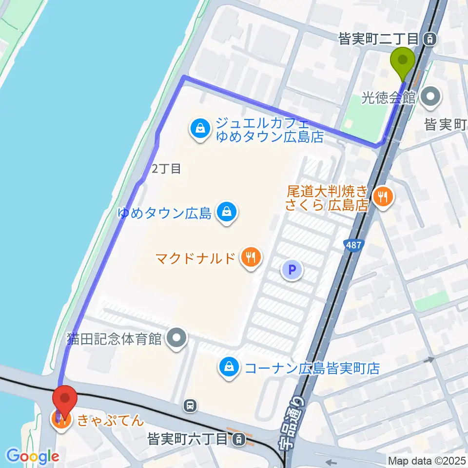 皆実町二丁目駅から広島BANQUETへのルートマップ地図