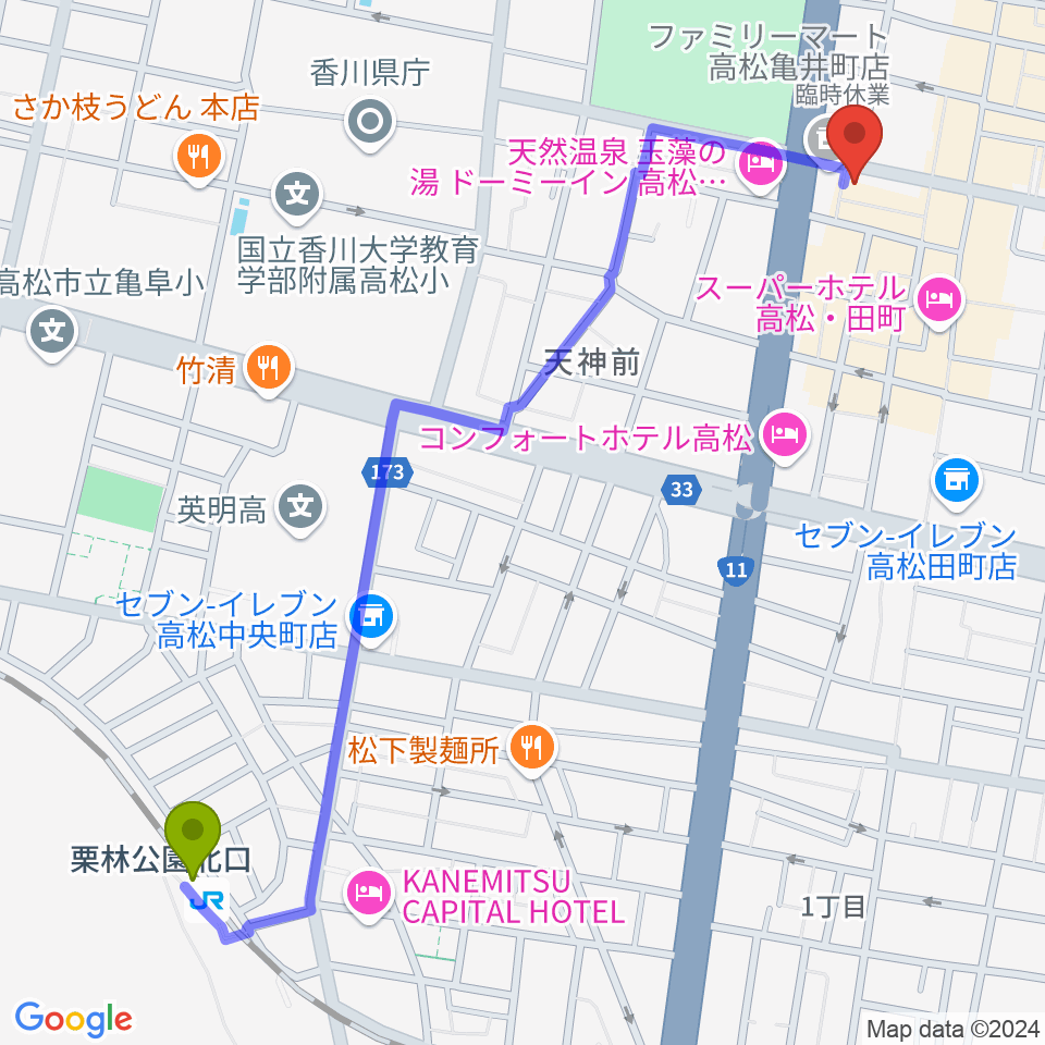 栗林公園北口駅から高松TOONICEへのルートマップ地図