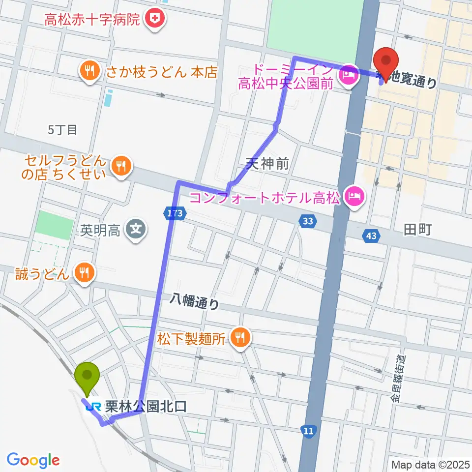 栗林公園北口駅から高松TOONICEへのルートマップ地図
